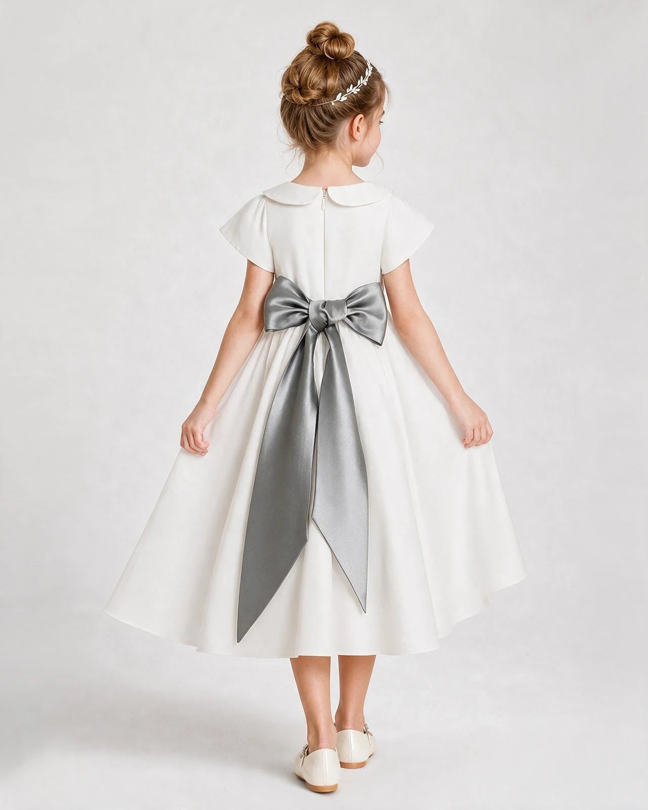 Dideyttawl Satin Peter Pan Collar Flower Girl Dress with Back Bow