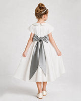 Silver Satin A-Line Flower Girl Dress Back View