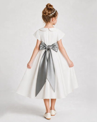 Dideyttawl Satin Peter Pan Collar Flower Girl Dress with Back Bow