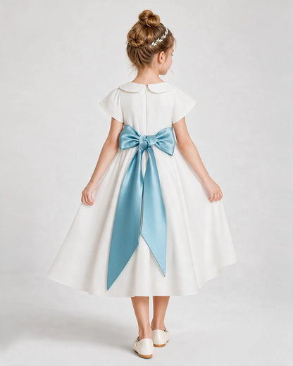 Dideyttawl Satin Peter Pan Collar Flower Girl Dress with Back Bow