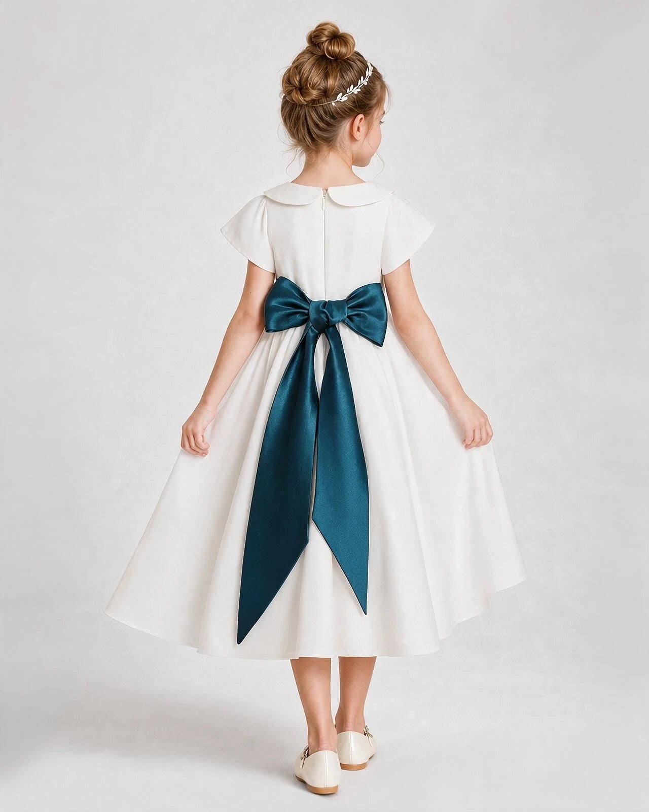 Dideyttawl Satin Peter Pan Collar Flower Girl Dress with Back Bow