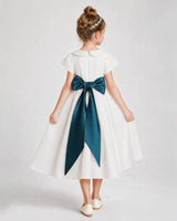 Teal Satin A-Line Flower Girl Dress Back View