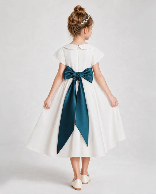 Teal Satin A-Line Flower Girl Dress Back View
