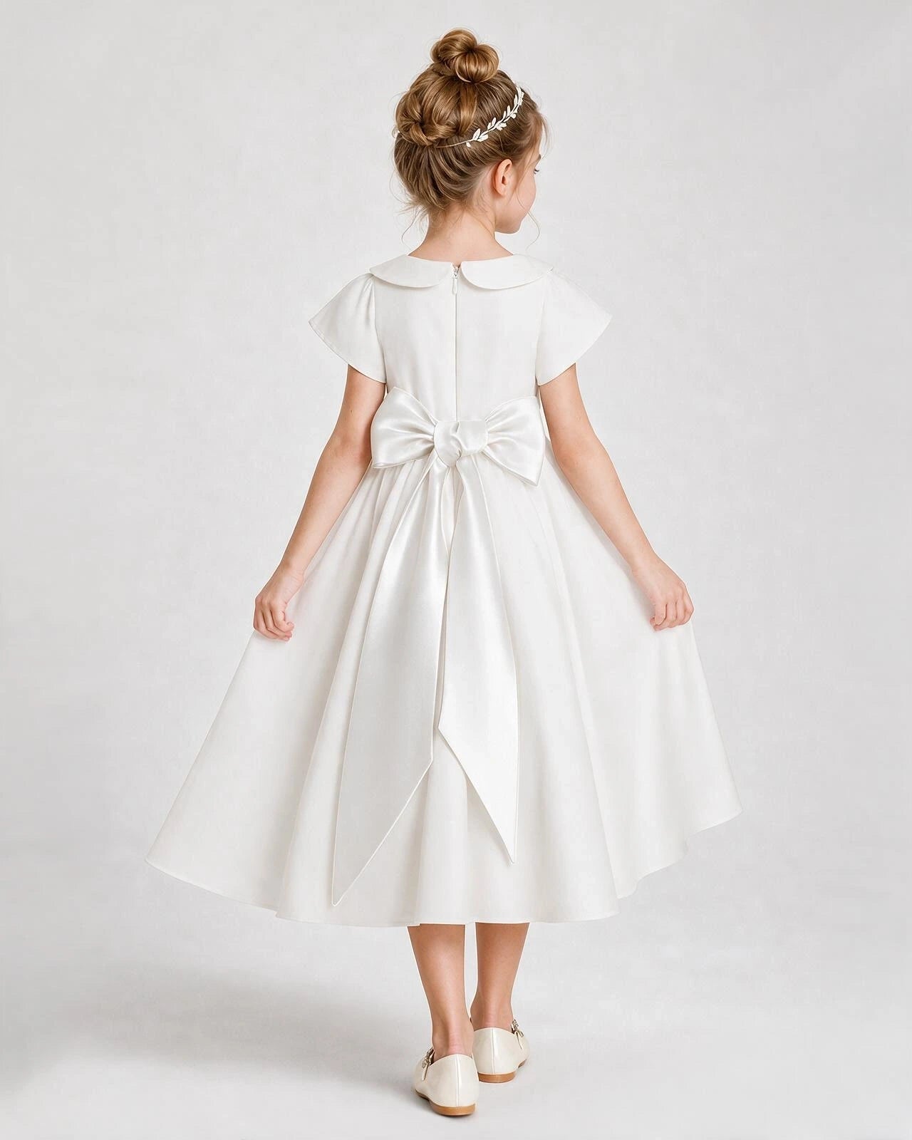 Dideyttawl Satin Peter Pan Collar Flower Girl Dress with Back Bow