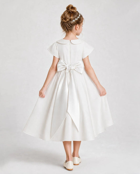 Dideyttawl Satin Peter Pan Collar Flower Girl Dress with Back Bow