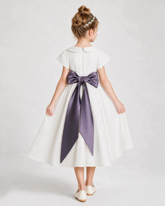 Dideyttawl Satin Peter Pan Collar Flower Girl Dress with Back Bow
