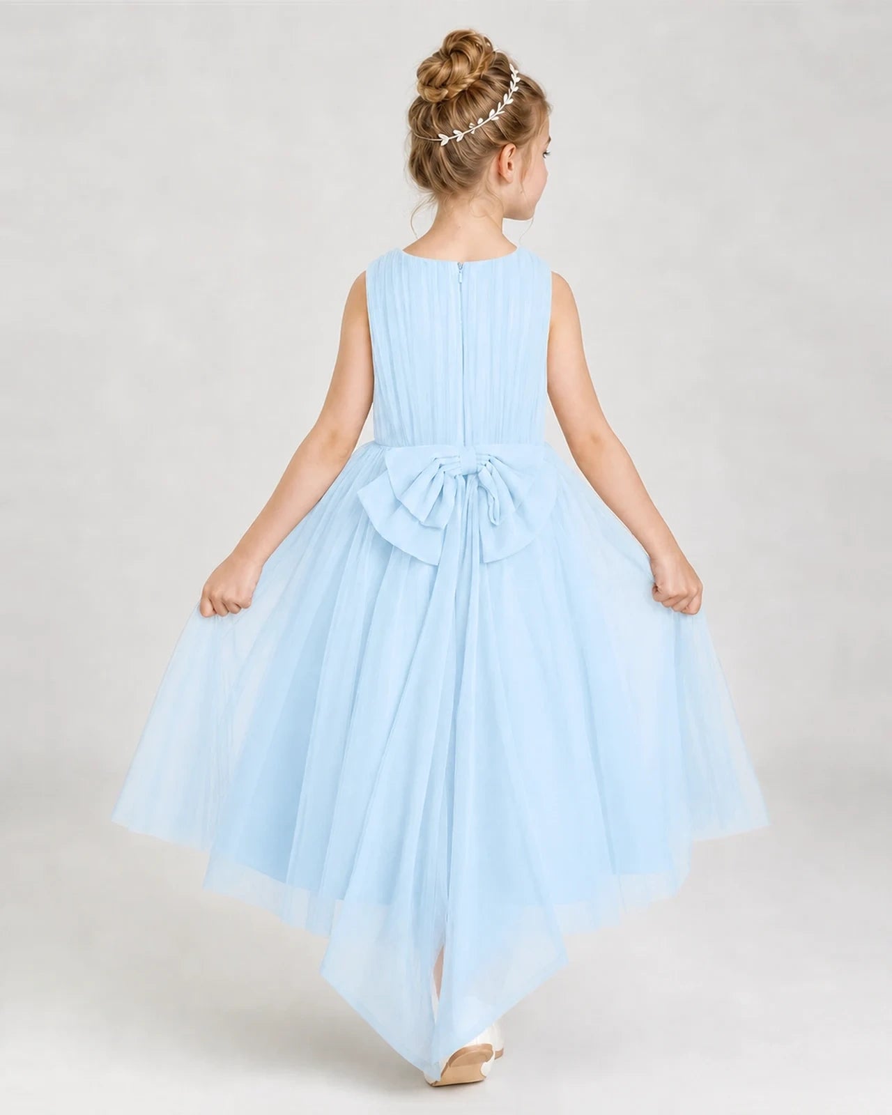 Babyblue Tulle A-line Girls Formal Dress Back View