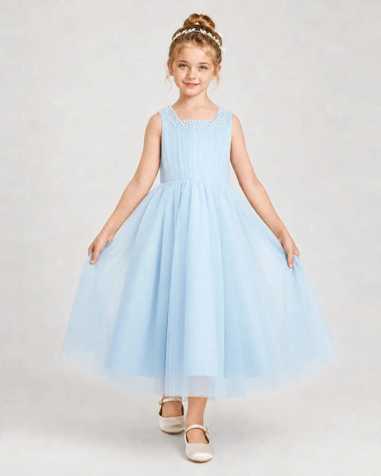 Babyblue Tulle A-line Girls Formal Dress Front View