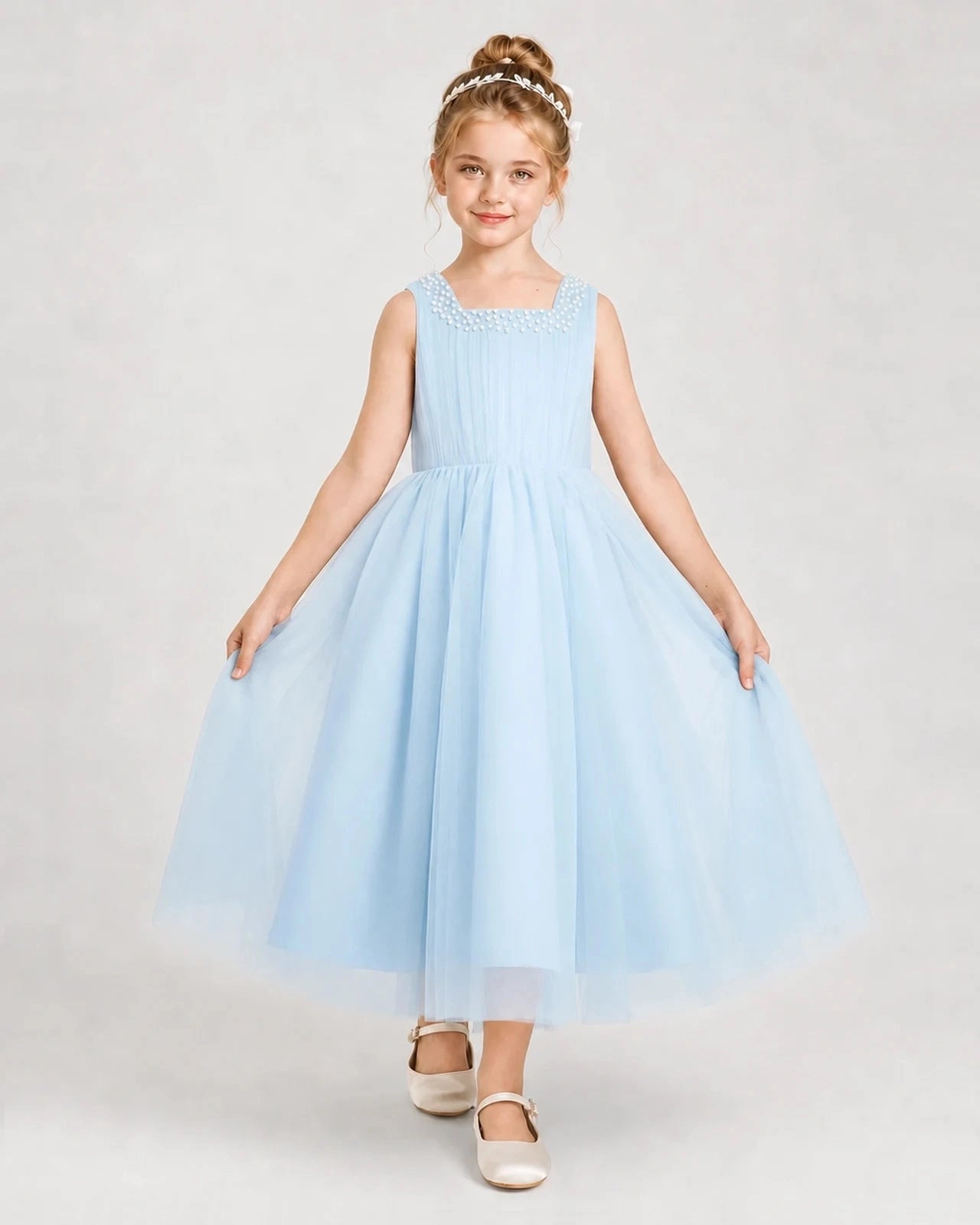 Babyblue Tulle A-line Girls Formal Dress Front View