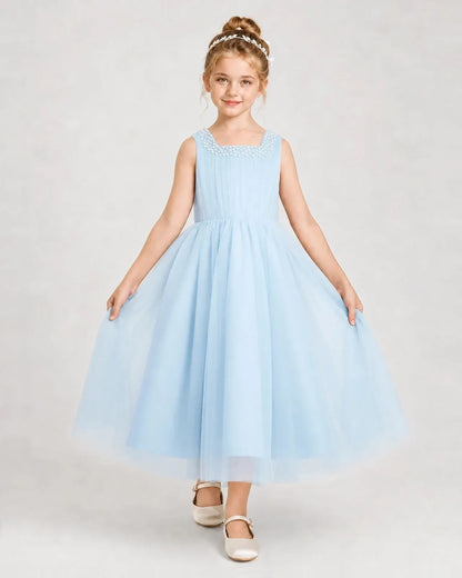 Babyblue Tulle A-line Girls Formal Dress Front View