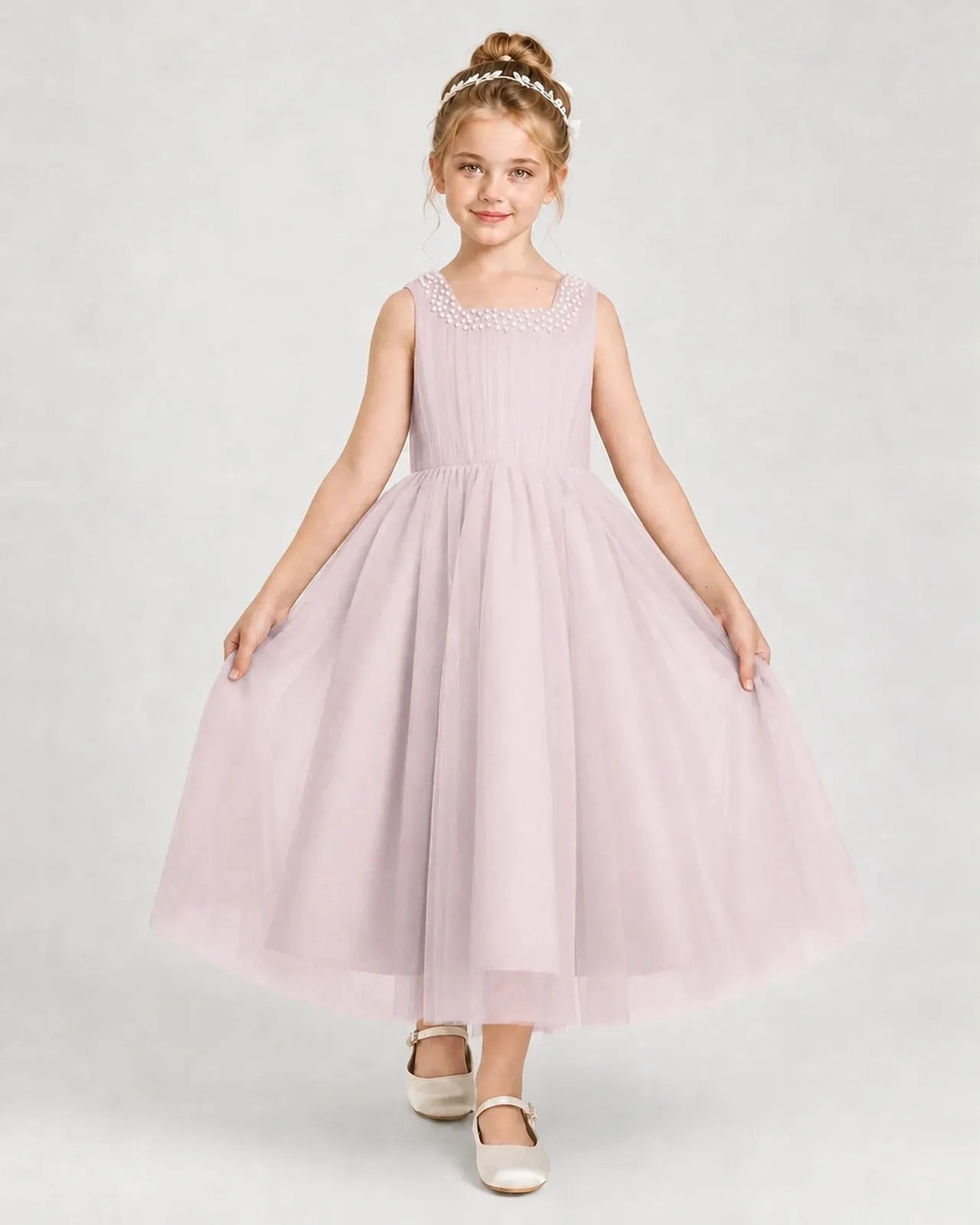 Blushpink Tulle A-line Girls Formal Dress Front View