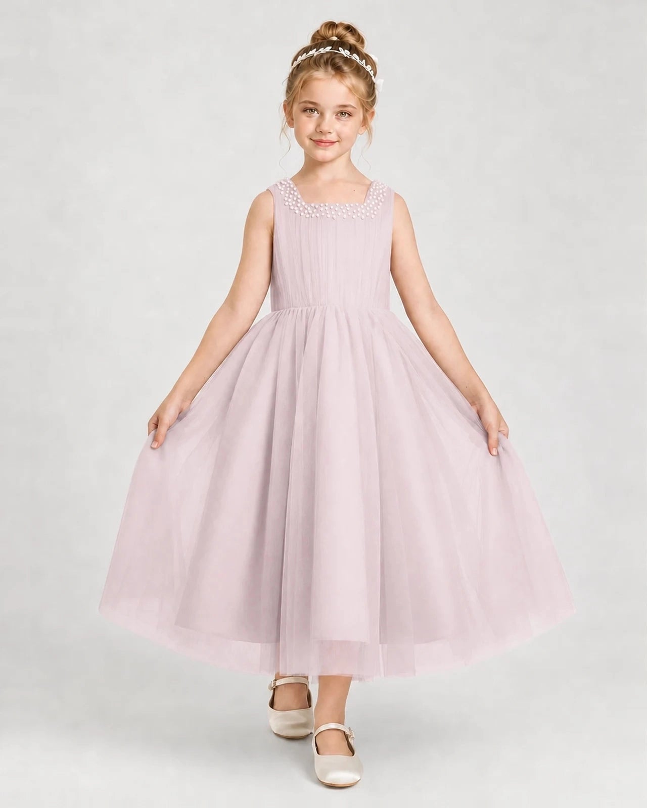 Blushpink Tulle A-line Girls Formal Dress Front View