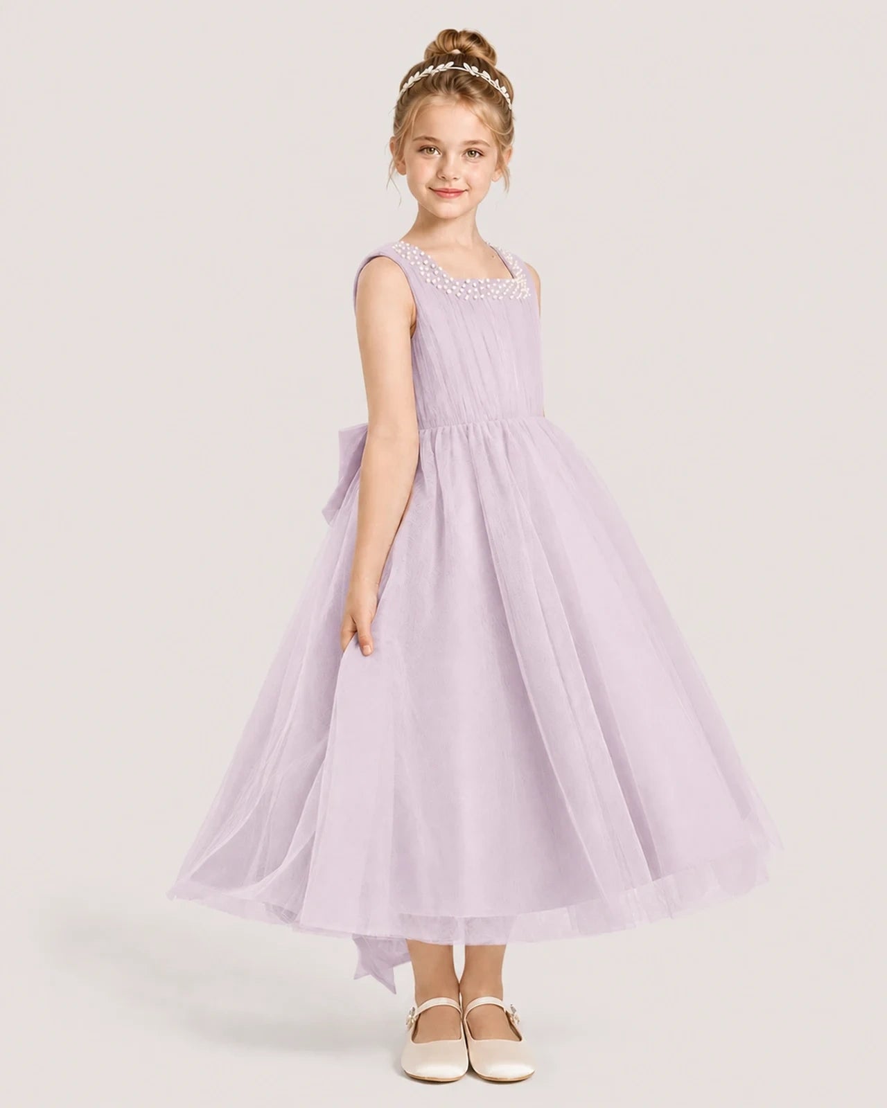 Blushpink Tulle A-line Girls Formal Dress Side View