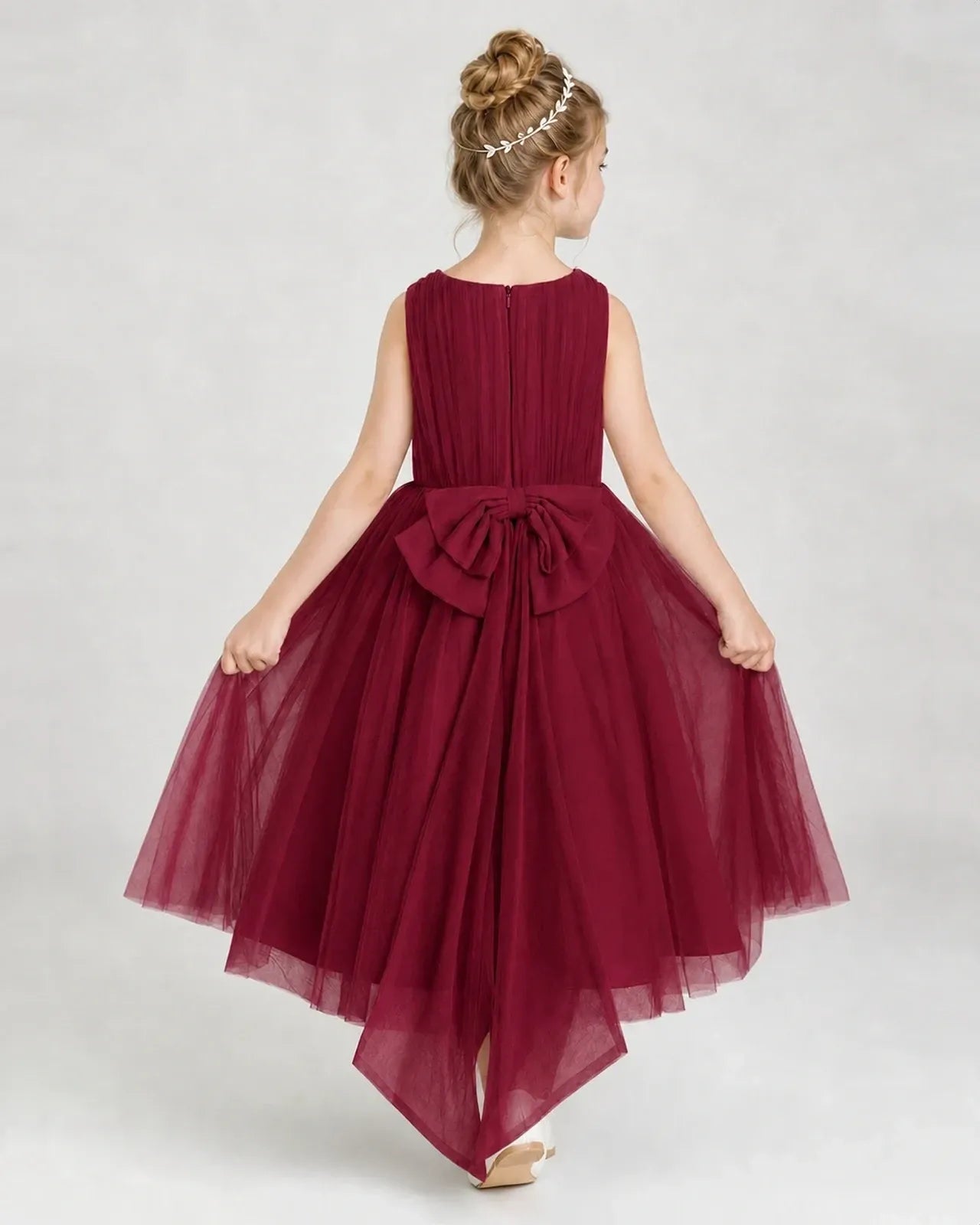 Burgundy Tulle A-line Girls Formal Dress Back View