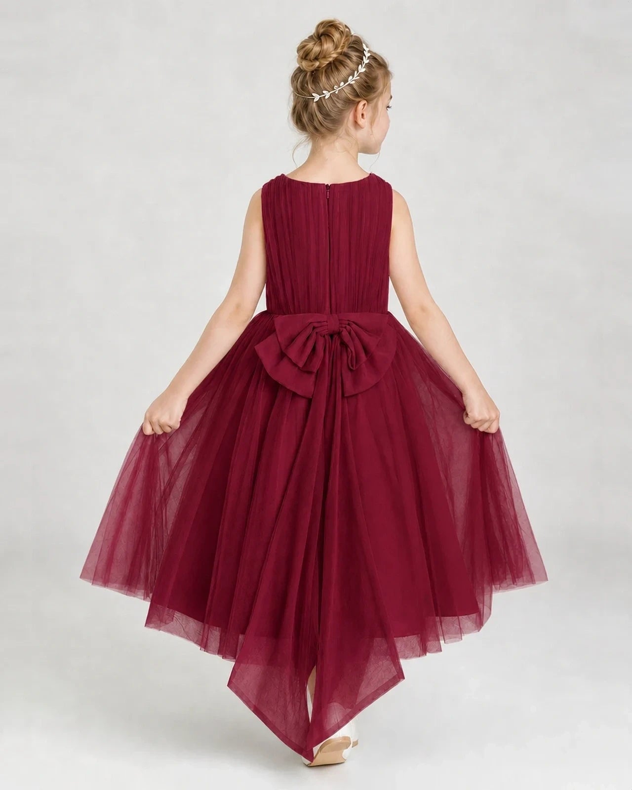 Burgundy Tulle A-line Girls Formal Dress Back View