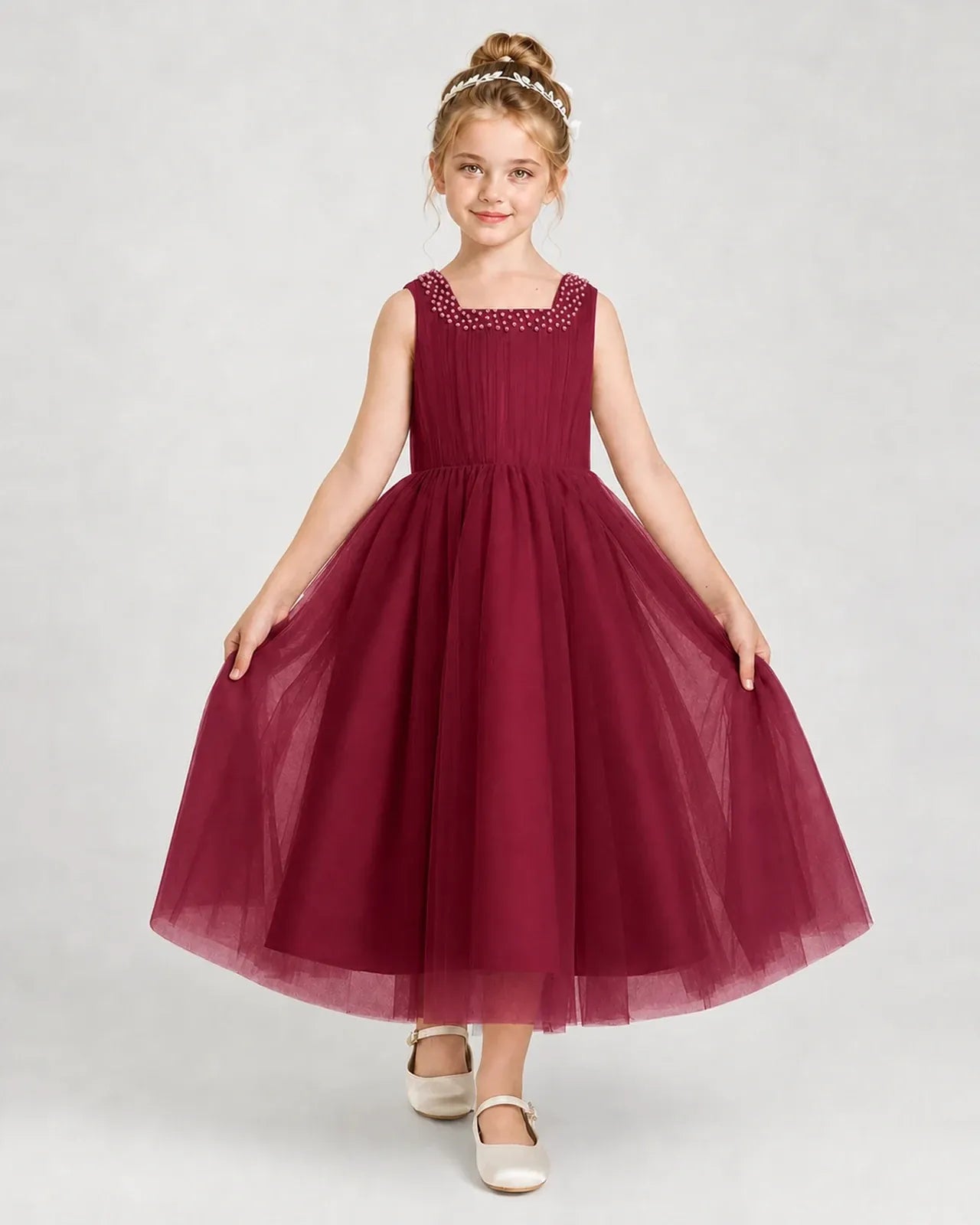 Burgundy Tulle A-line Girls Formal Dress Front View