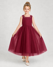 Burgundy Tulle A-line Girls Formal Dress Front View