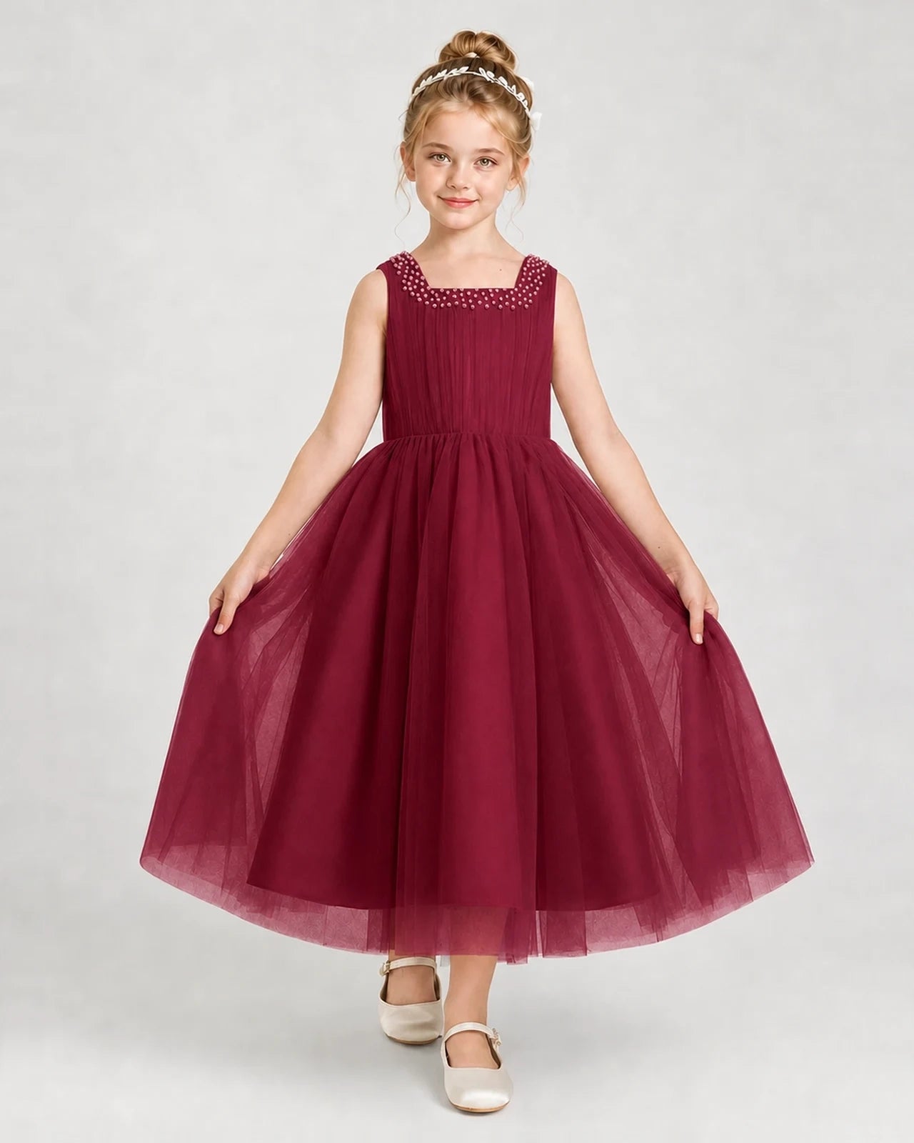 Burgundy Tulle A-line Girls Formal Dress Front View