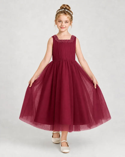 Burgundy Tulle A-line Girls Formal Dress Front View