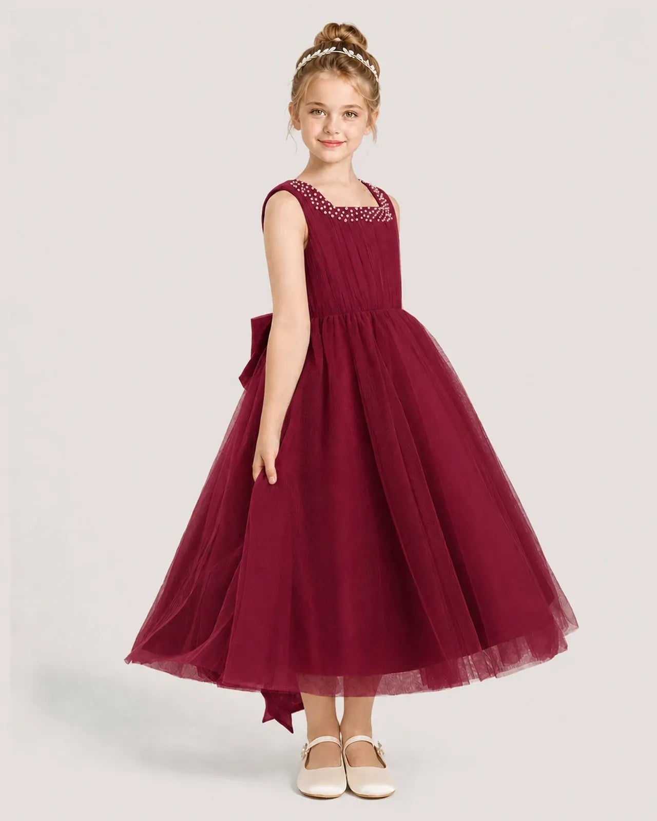 Burgundy Tulle A-line Girls Formal Dress Side View