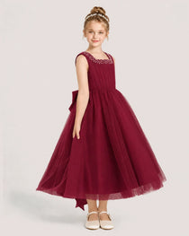 Burgundy Tulle A-line Girls Formal Dress Side View