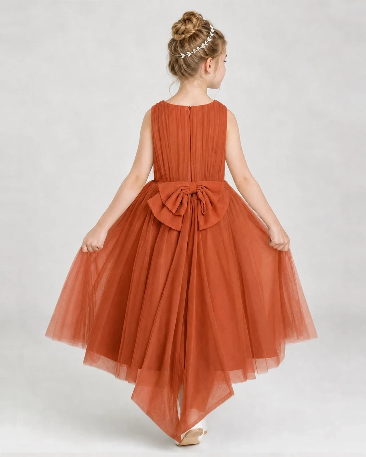 Burntorange Tulle A-line Girls Formal Dress Back View