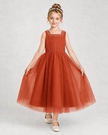 Burntorange Tulle A-line Girls Formal Dress Front View