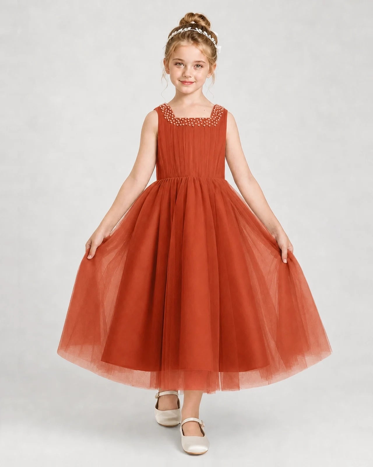 Burntorange Tulle A-line Girls Formal Dress Front View