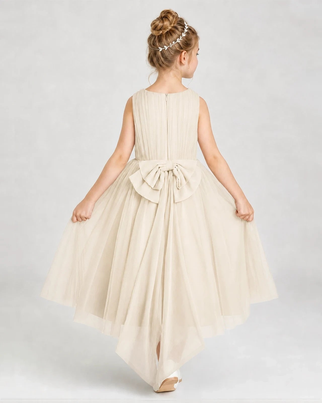 Champagne Tulle A-line Girls Formal Dress Back View