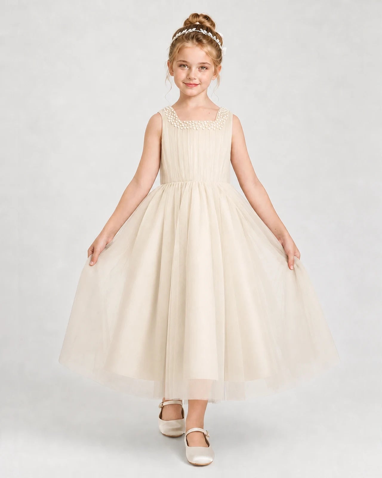 Dideyttawl Girls Formal Dress Pearl Neck Bow Back Asymmetrical Tulle Dress