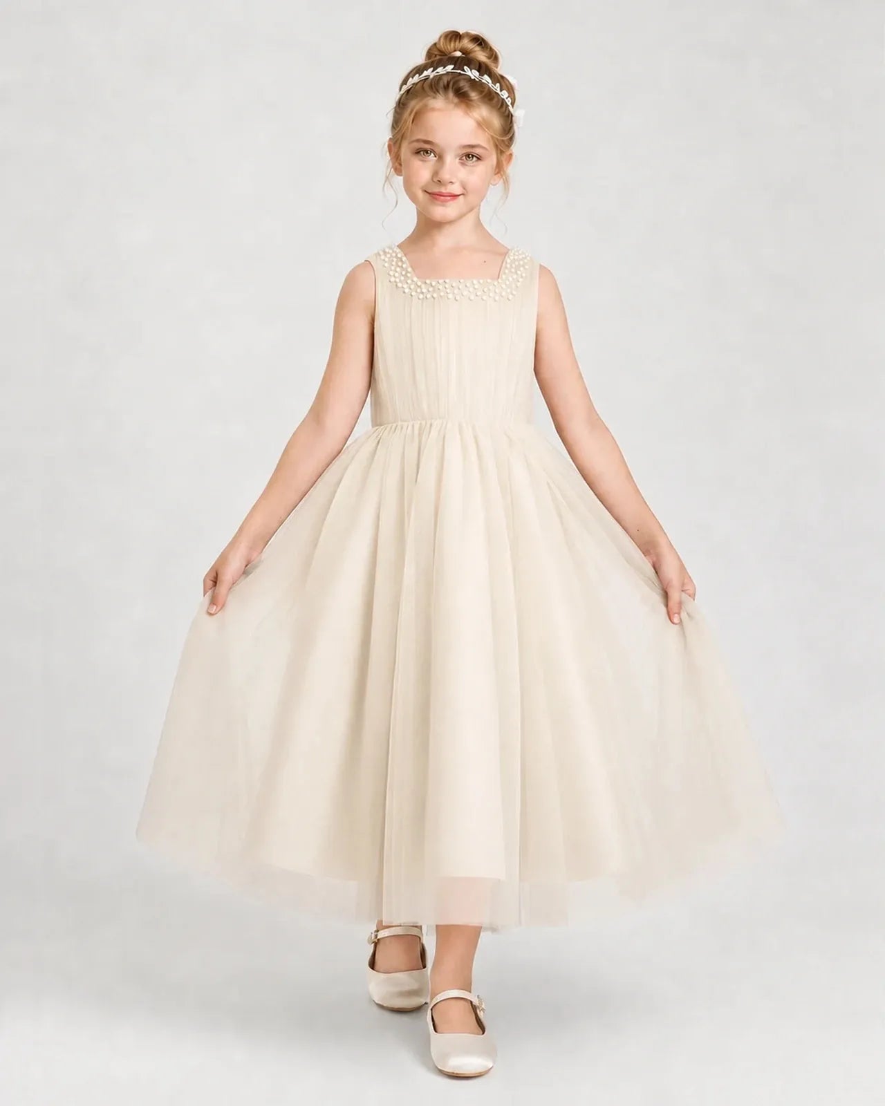 Champagne Tulle A-line Girls Formal Dress Front View