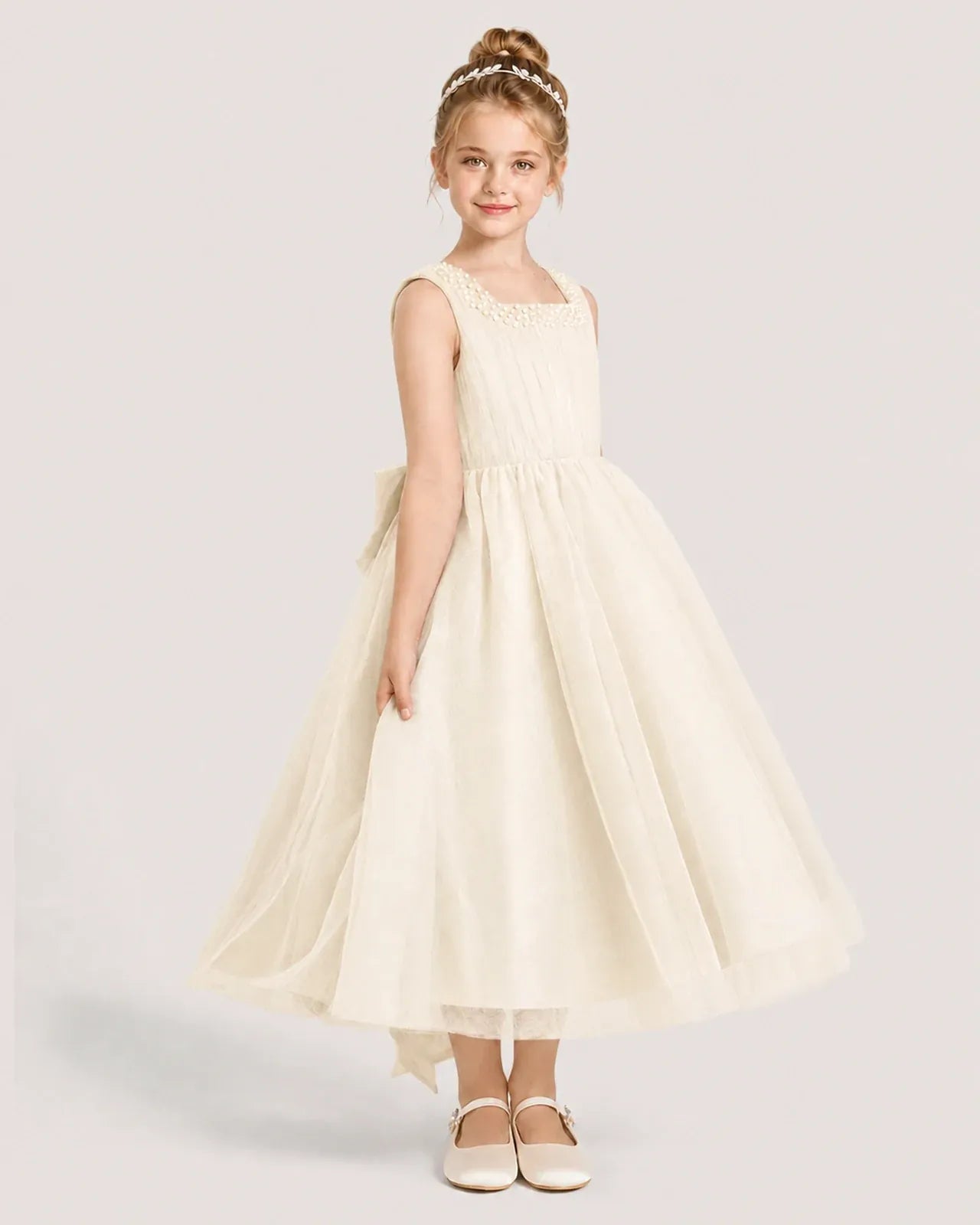Champagne Tulle A-line Girls Formal Dress Side View