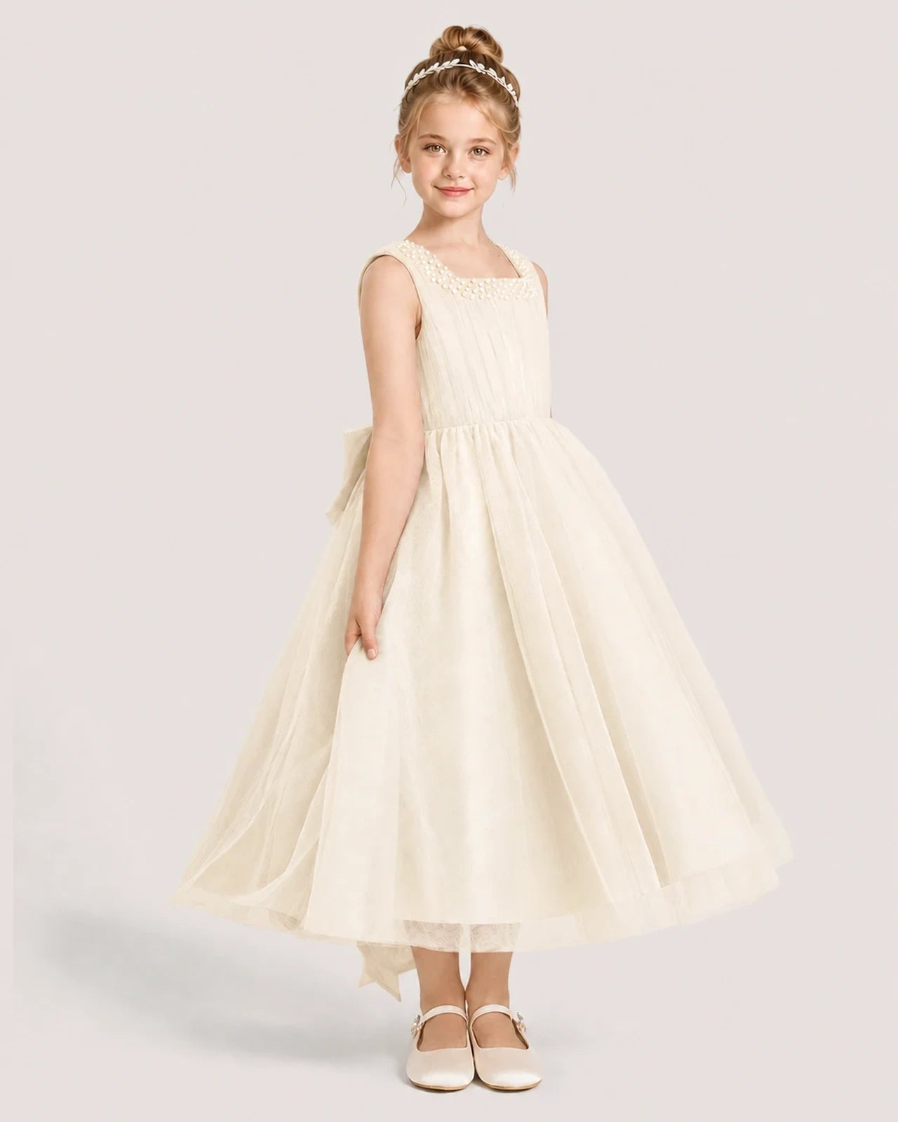 Champagne Tulle A-line Girls Formal Dress Side View