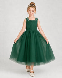 Darkgreen Tulle A-line Girls Formal Dress Front View