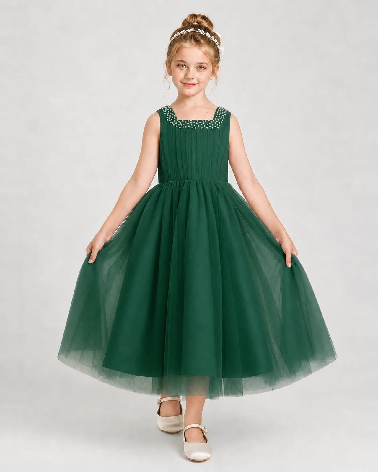 Darkgreen Tulle A-line Girls Formal Dress Front View
