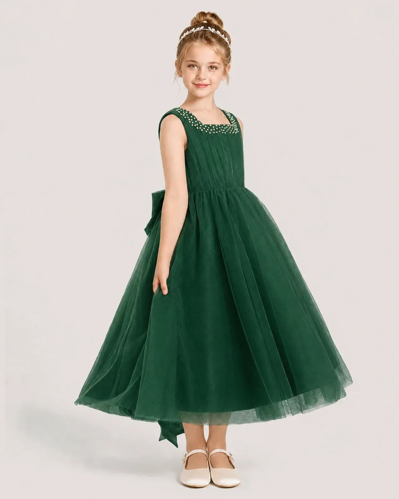 Darkgreen Tulle A-line Girls Formal Dress Side View