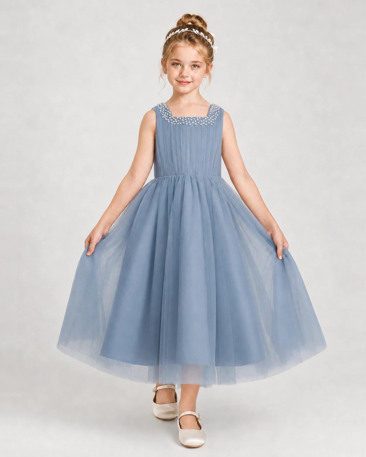 Dustyblue Tulle A-line Girls Formal Dress Front View Imagen principal del producto