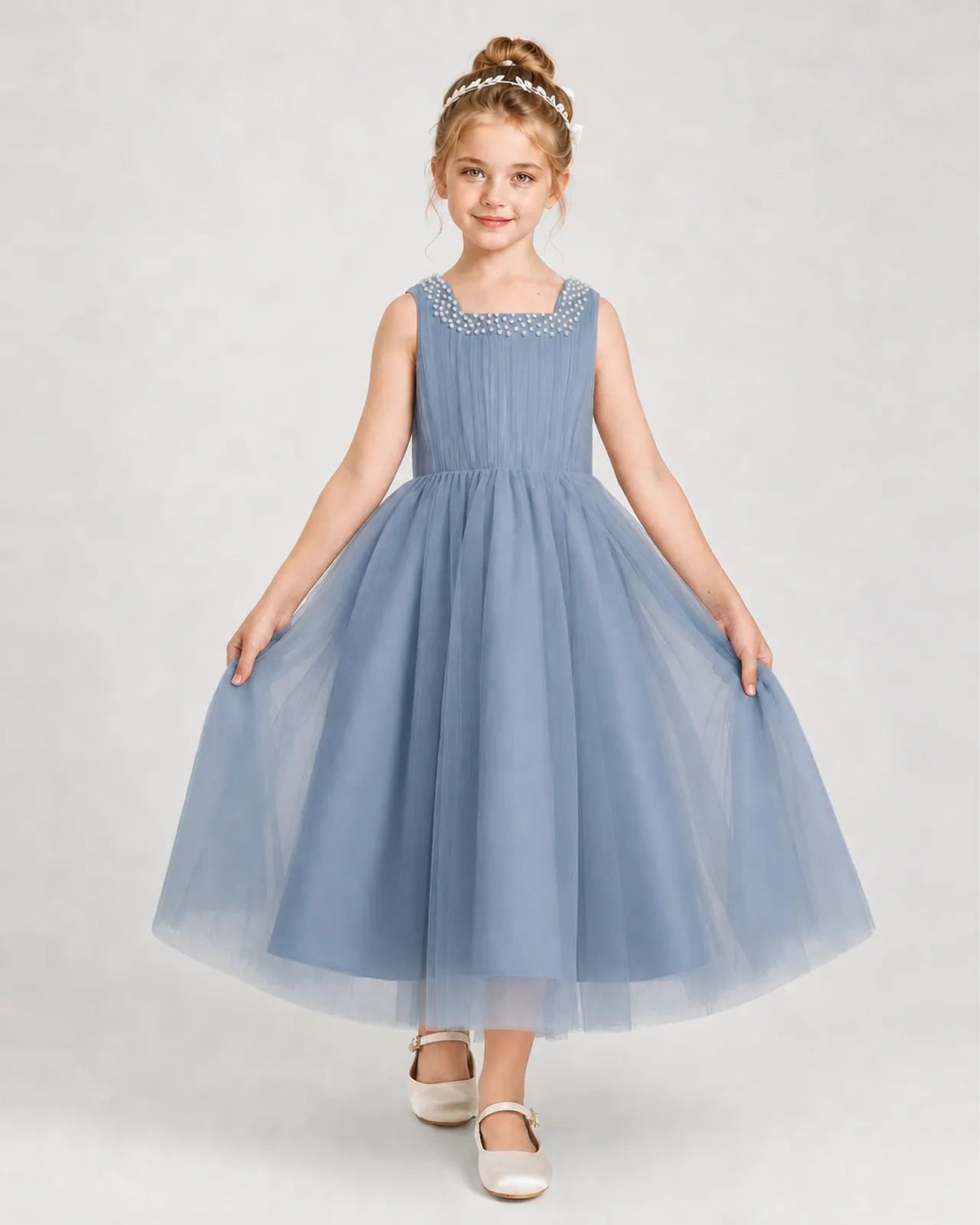 Dustyblue Tulle A-line Girls Formal Dress Front View