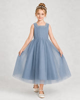 Dustyblue Tulle A-line Girls Formal Dress Front View