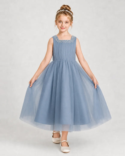 Dustyblue Tulle A-line Girls Formal Dress Front View