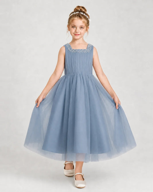 Dustyblue Tulle A-line Girls Formal Dress Front View
