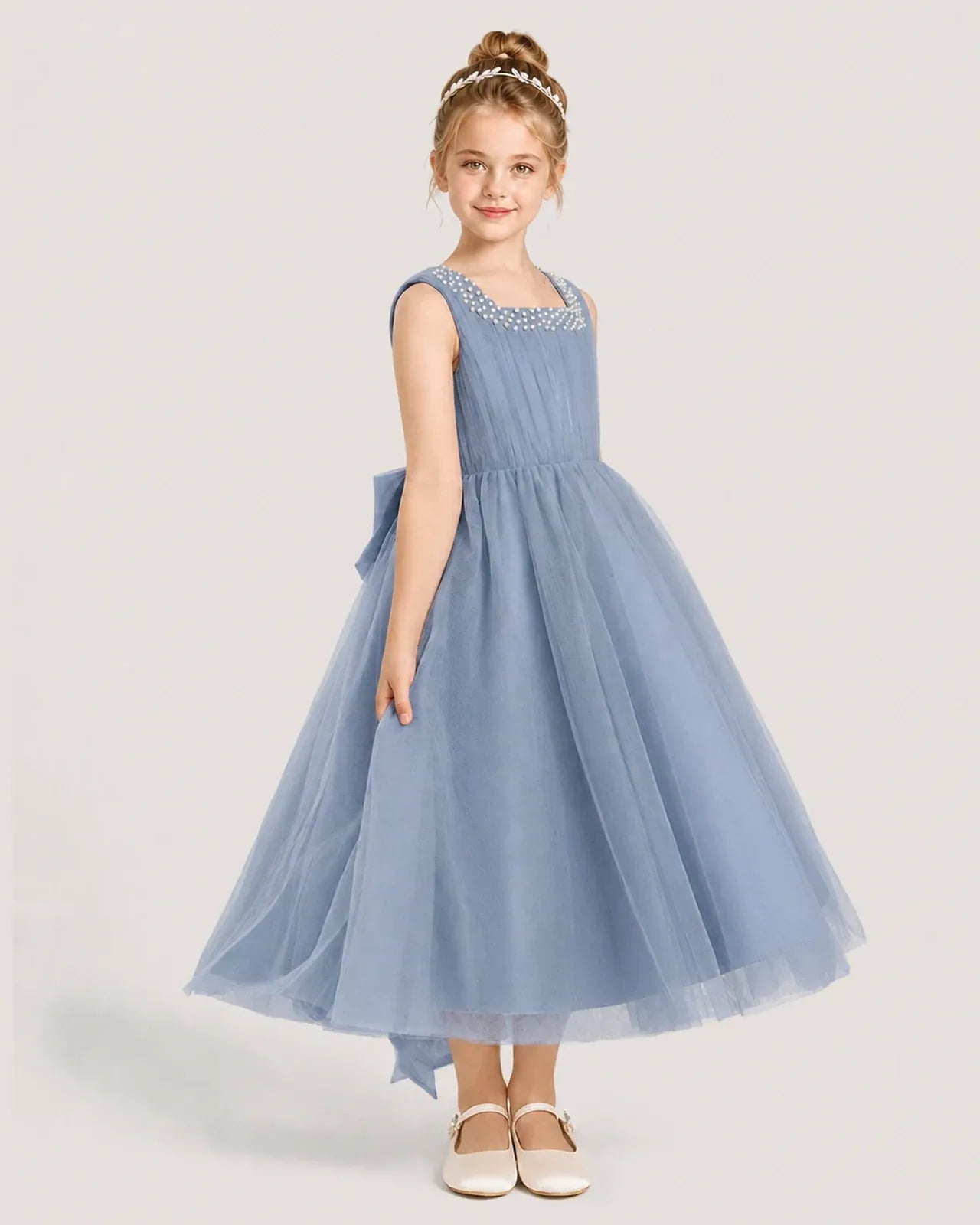 Dustyblue Tulle A-line Girls Formal Dress Side View