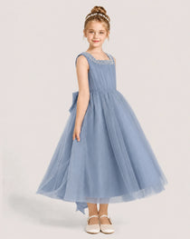 Dustyblue Tulle A-line Girls Formal Dress Side View