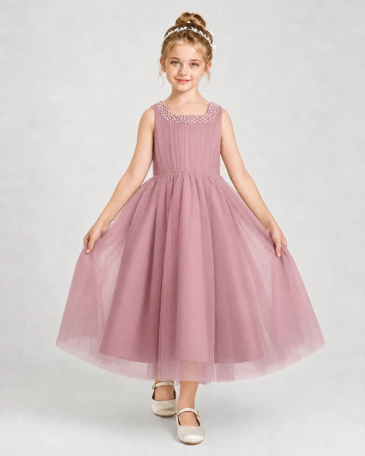 Dustyrose Tulle A-line Girls Formal Dress Front View