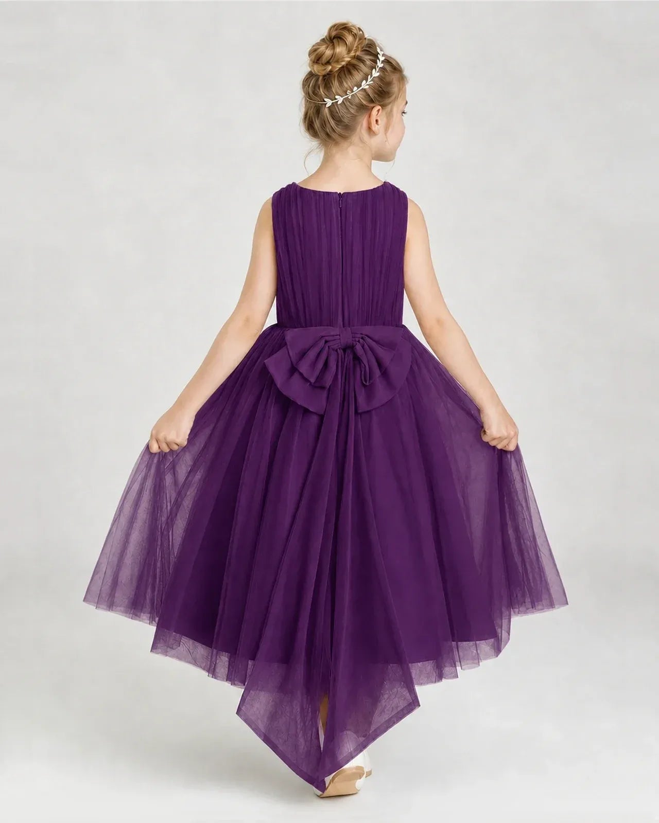Grape Tulle A-line Girls Formal Dress Back View