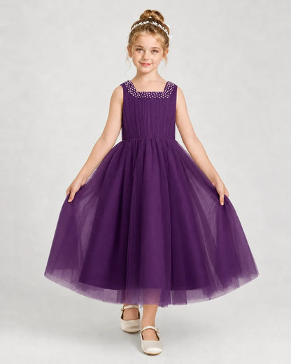 Grape Tulle A-line Girls Formal Dress Front View