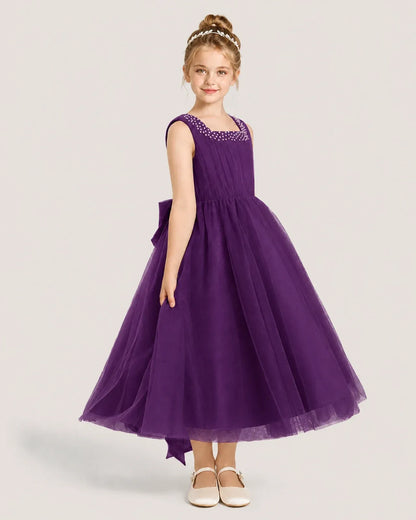 Grape Tulle A-line Girls Formal Dress Side View