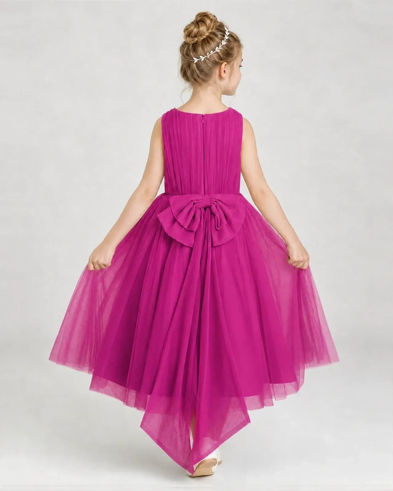 Hotpink Tulle A-line Girls Formal Dress Back View