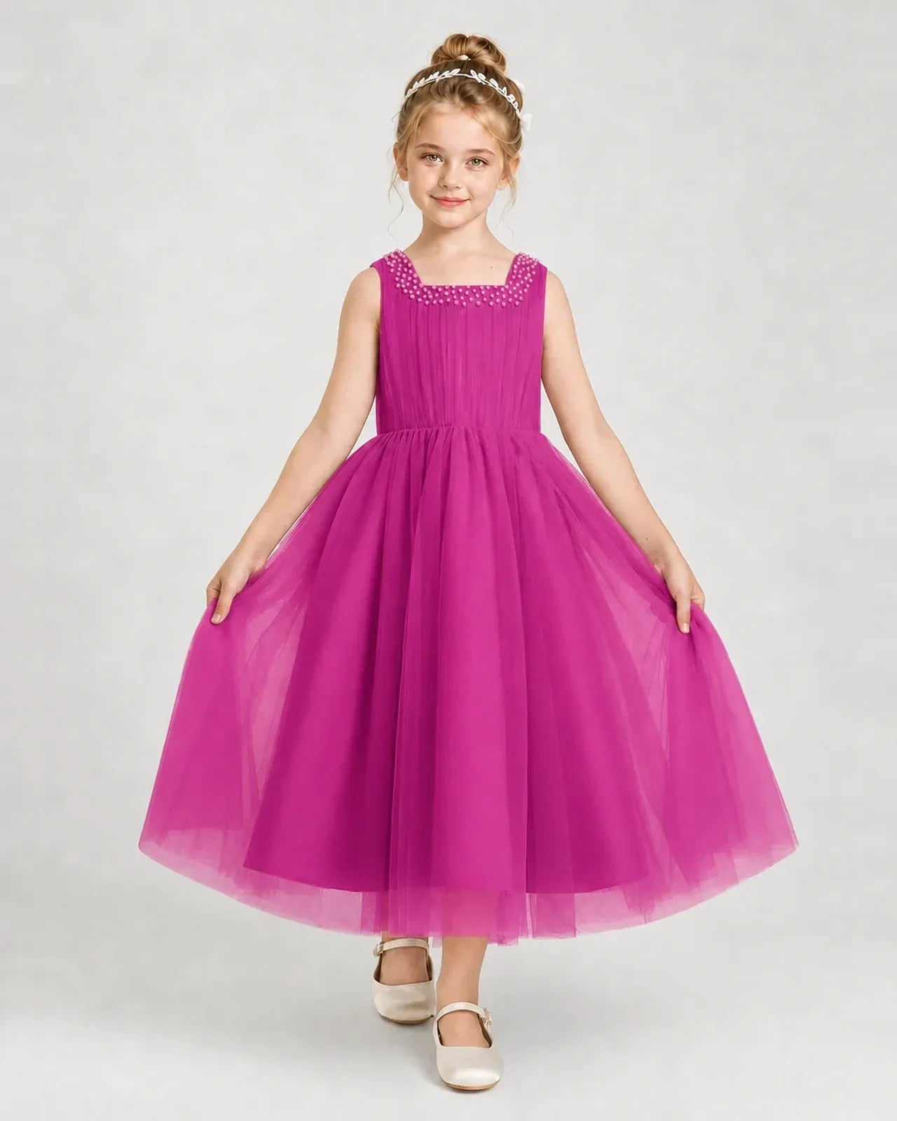 Hotpink Tulle A-line Girls Formal Dress Front View