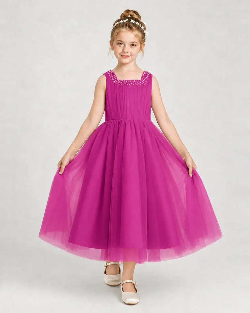 Hotpink Tulle A-line Girls Formal Dress Front View
